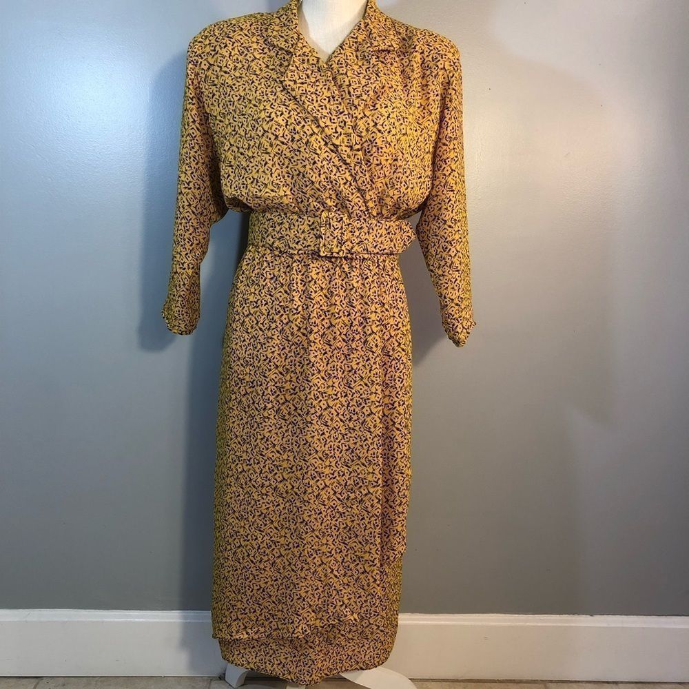 Alison Peters Vintage Mustard/Black Faux Wrap  Long Sleeve V Neck Dress 10